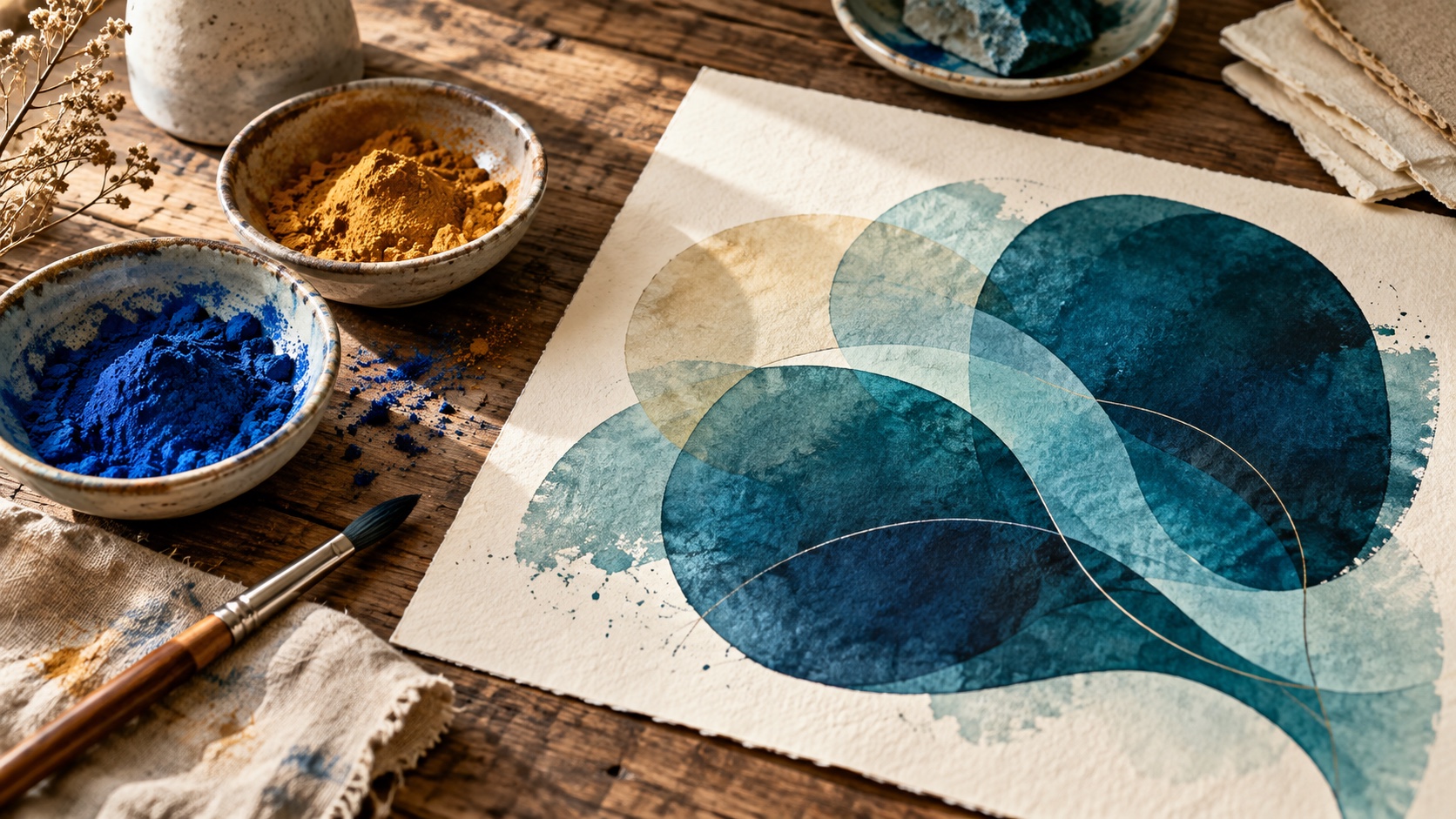Pigment dishes, brushes and an abstract study in blue, teal and ochre on paper.