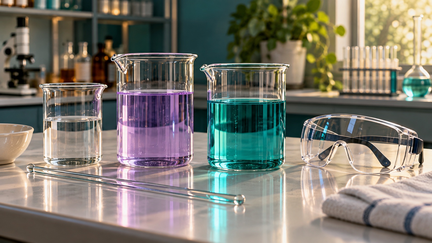 Clean laboratory glassware with differently coloured liquids and safety goggles.