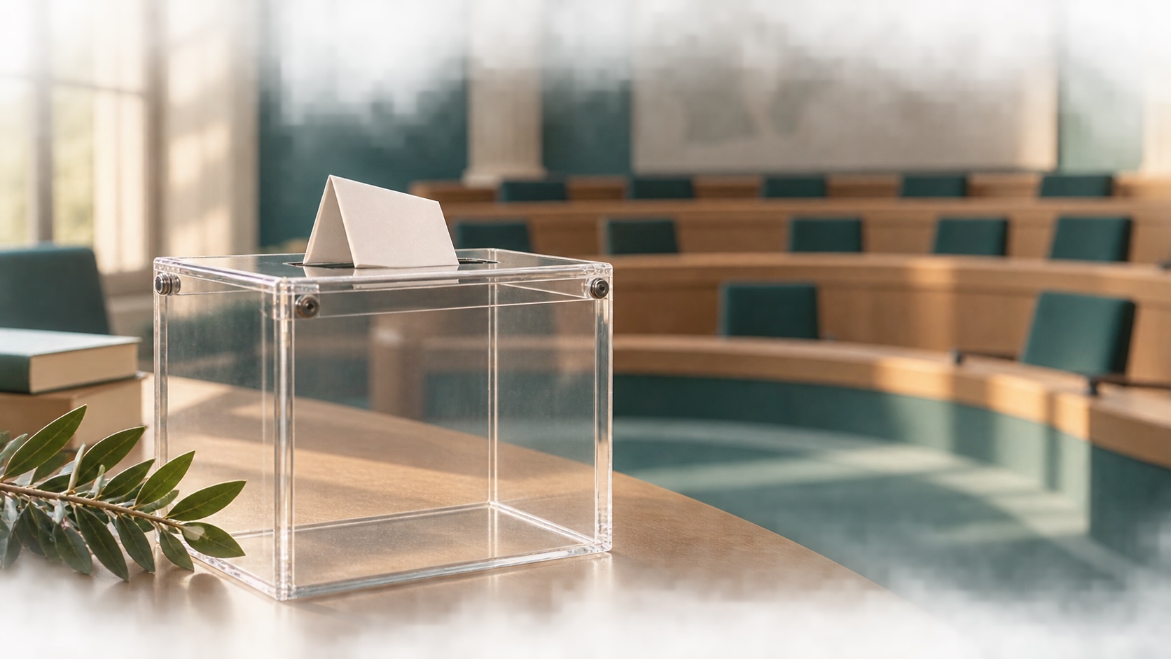 A transparent ballot box with a blank voting slip and seating for discussion.