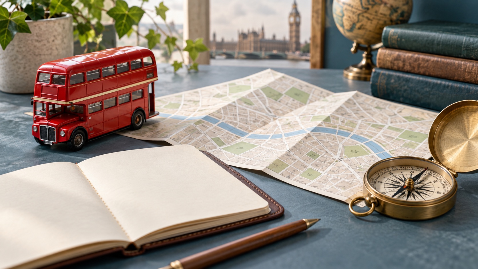 A red model bus, street map, compass and travel journal represent navigation and language.