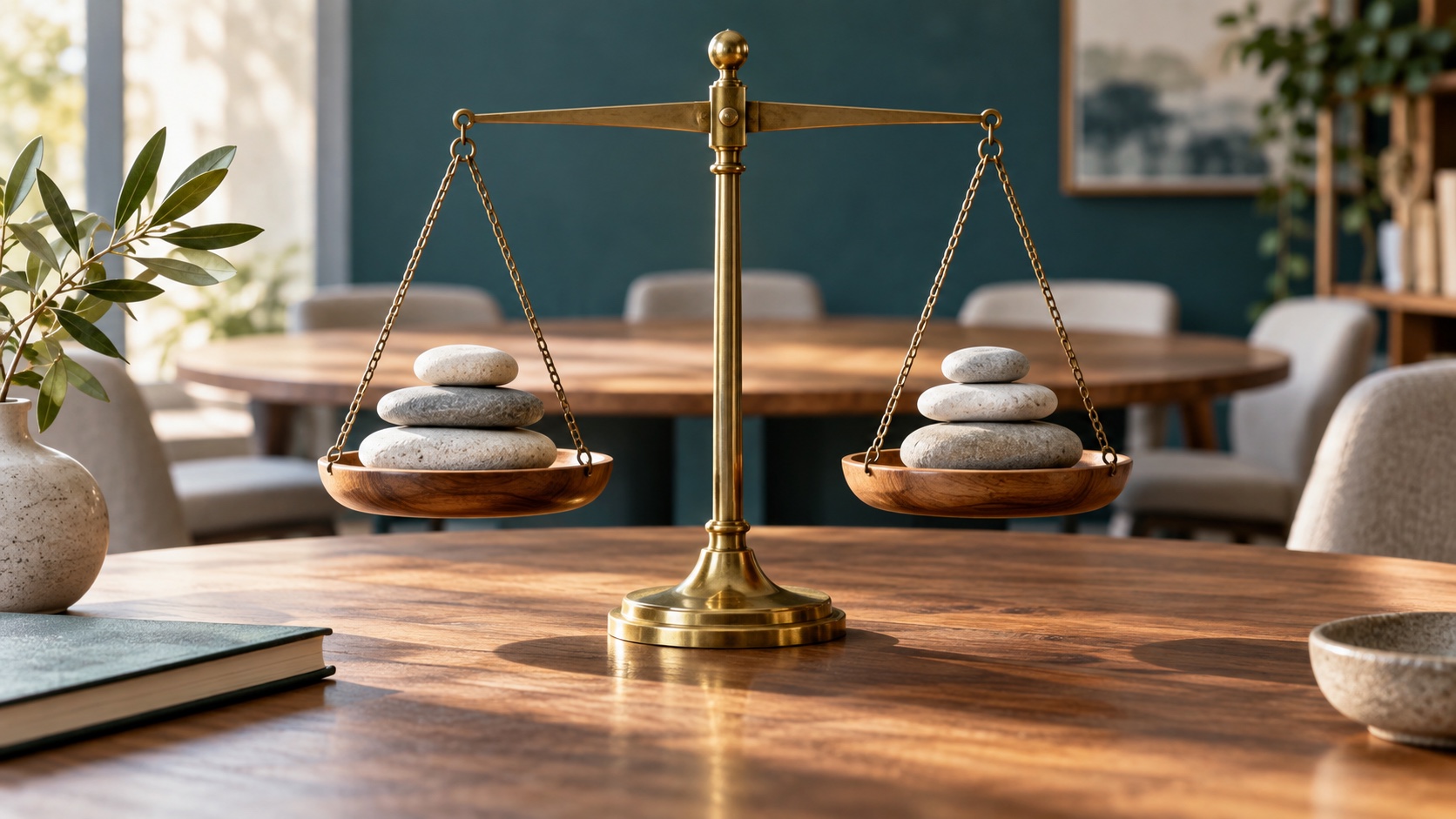 A balanced scale with smooth stones illustrates questions about fairness.