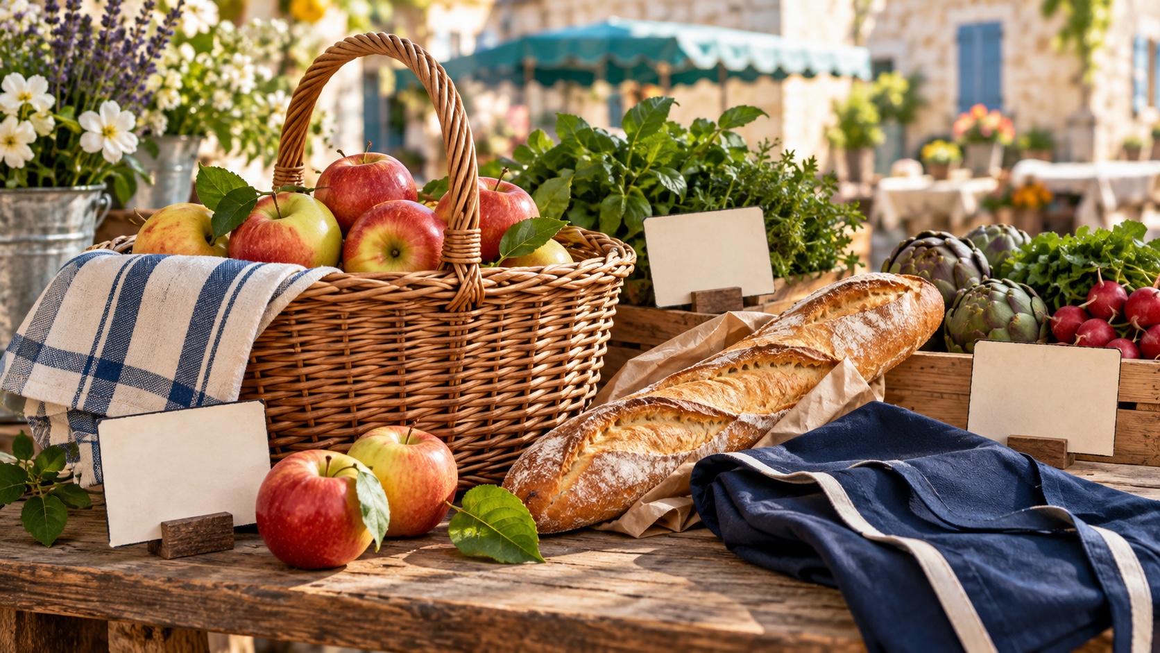 A market basket with apples, a baguette and blank price cards in warm daylight.