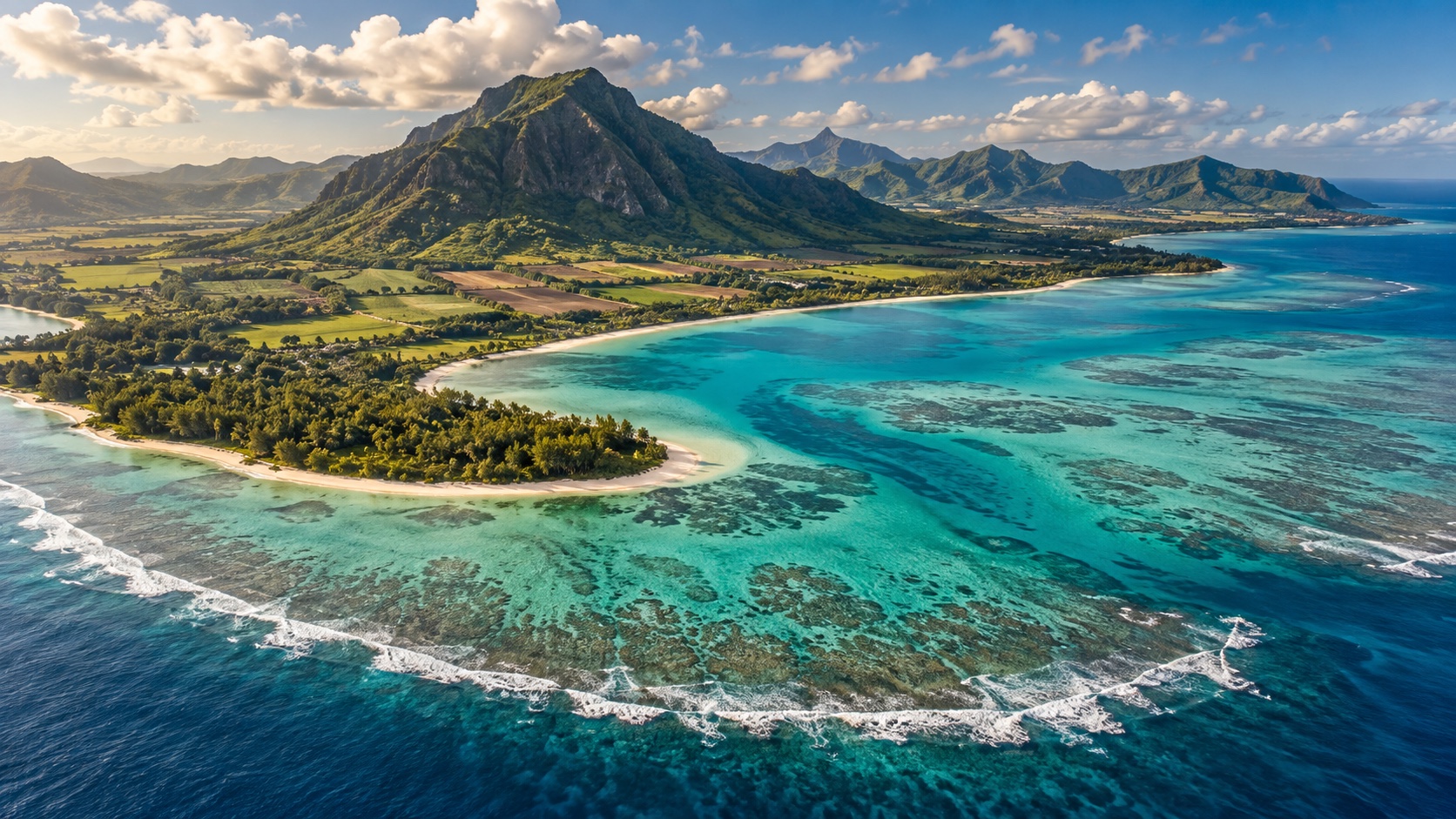 An illustration of a Mauritian coast with a turquoise lagoon, reef, fields and mountains.
