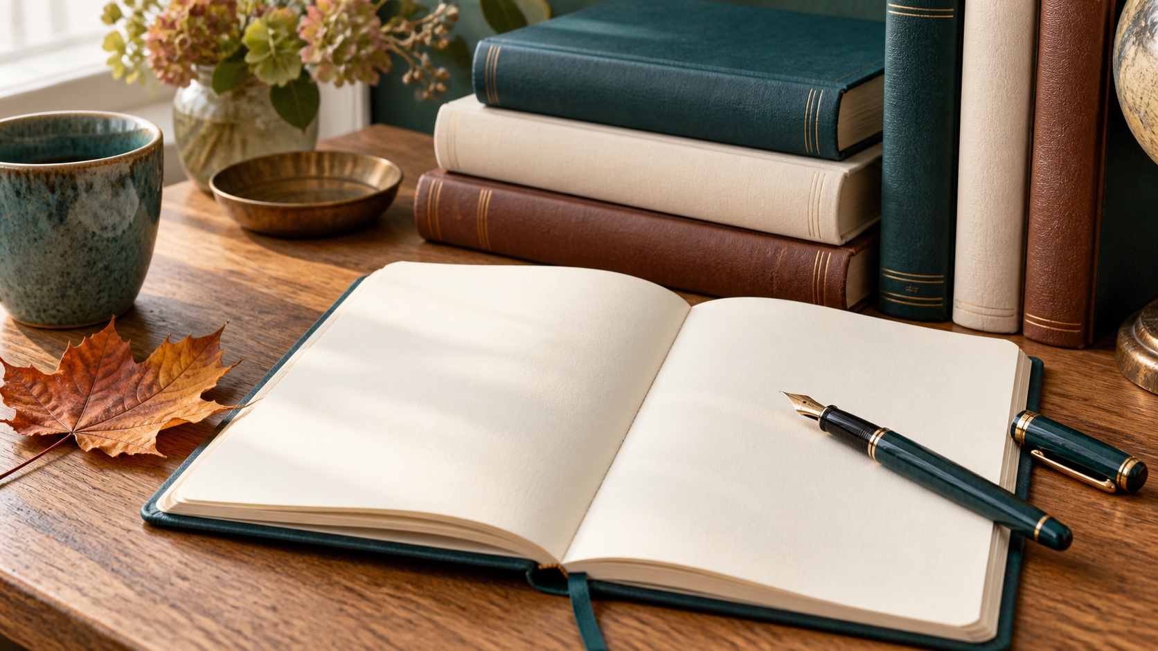 An open notebook, fountain pen and books with an autumn leaf on a wooden desk.