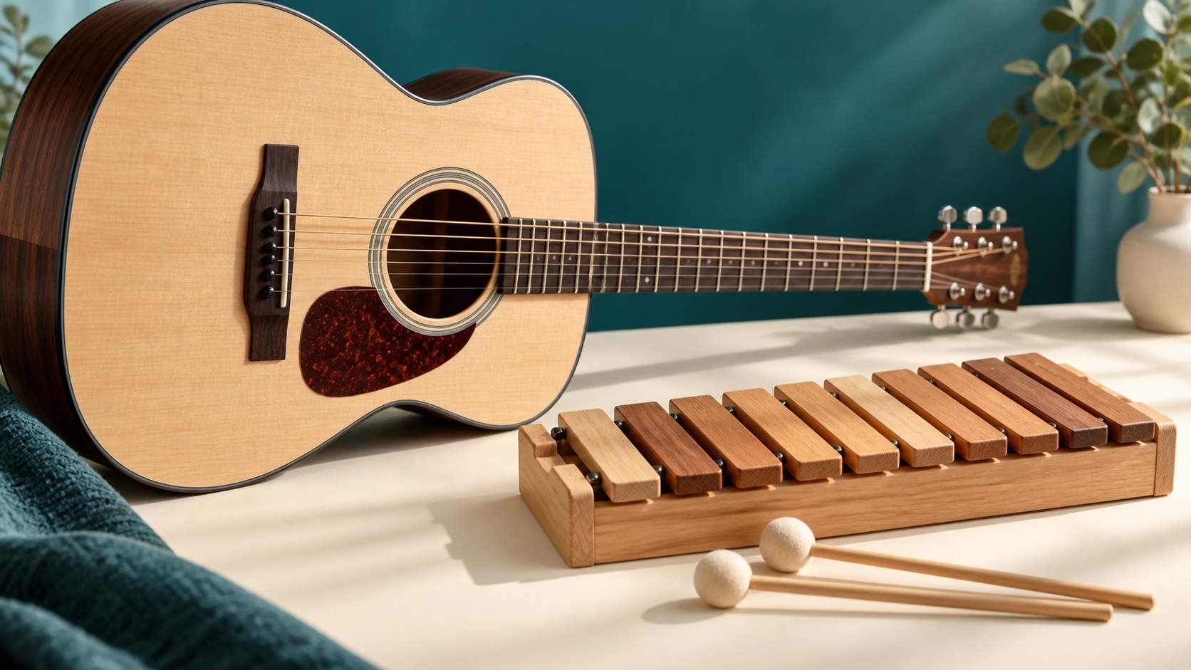 An acoustic guitar and a plain xylophone with mallets on a light surface.