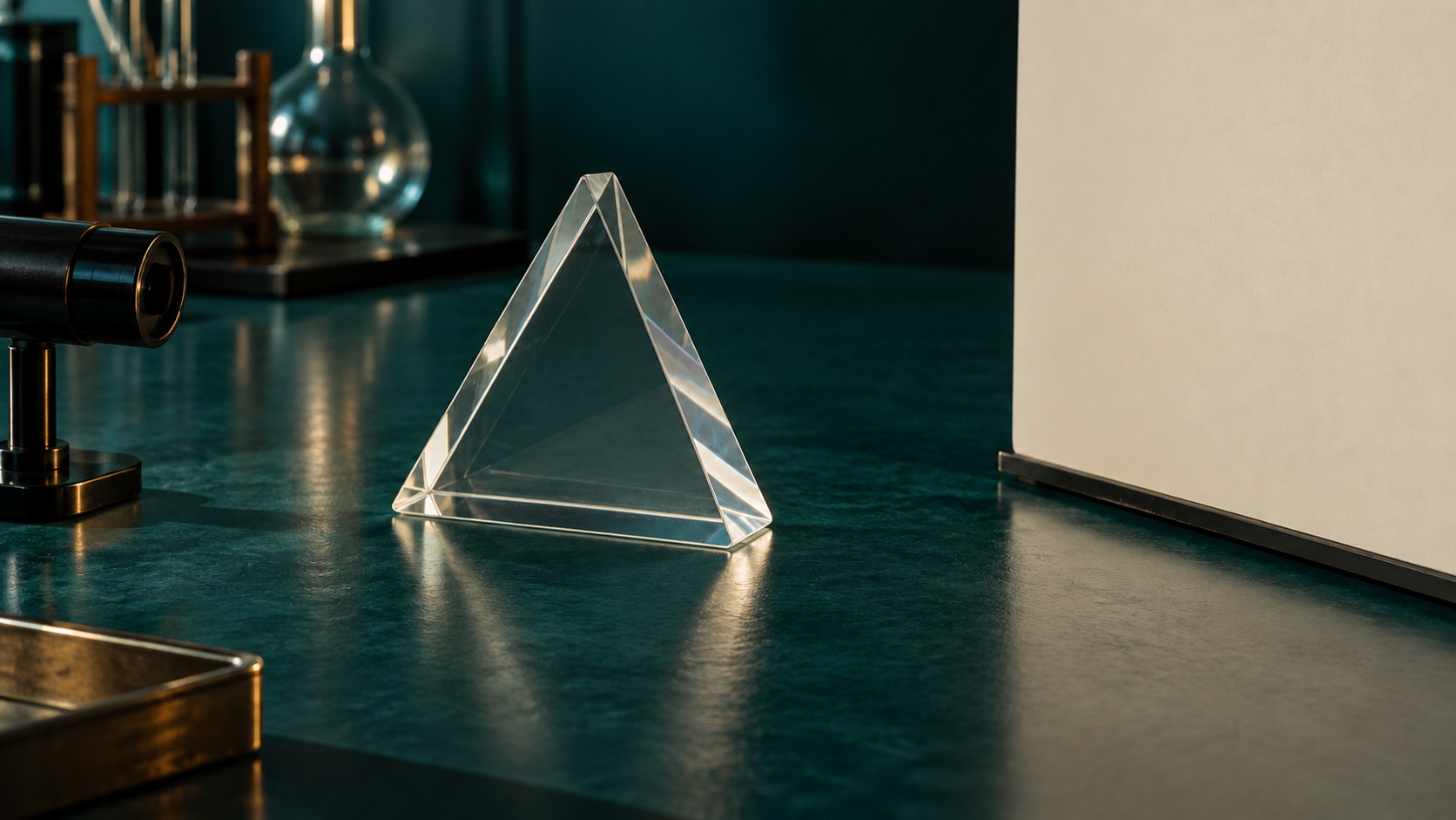 Glass prism, switched-off optical lamp and projection screen in a physics classroom.