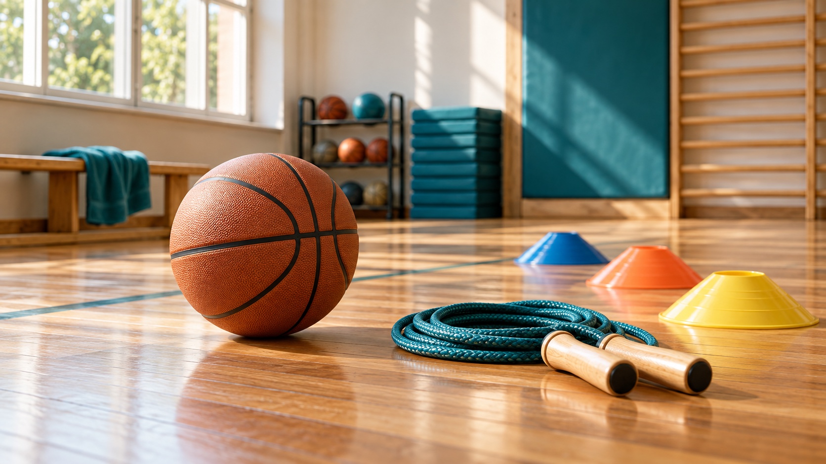 A basketball, skipping rope and low training cones on a wooden gym floor.