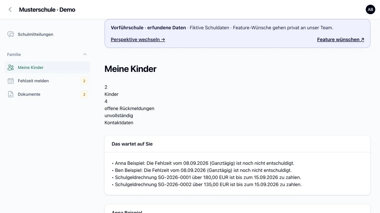 School Base Cloud : véritable portail personnel, données fictives en allemand